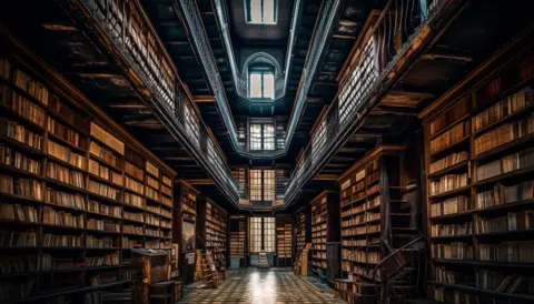 large-collection-old-books-wooden-shelves-generated-by-ai