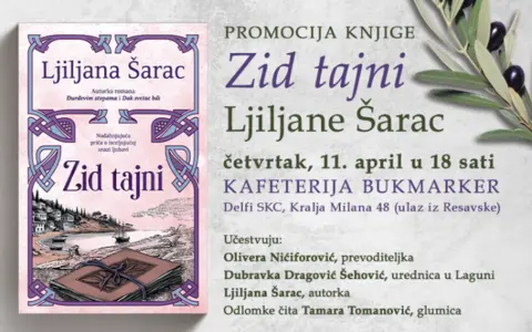 Promocija knjige „Zid tajni“ Ljiljane Šarac 11. aprila u knjižari Delfi SKC - slika 1